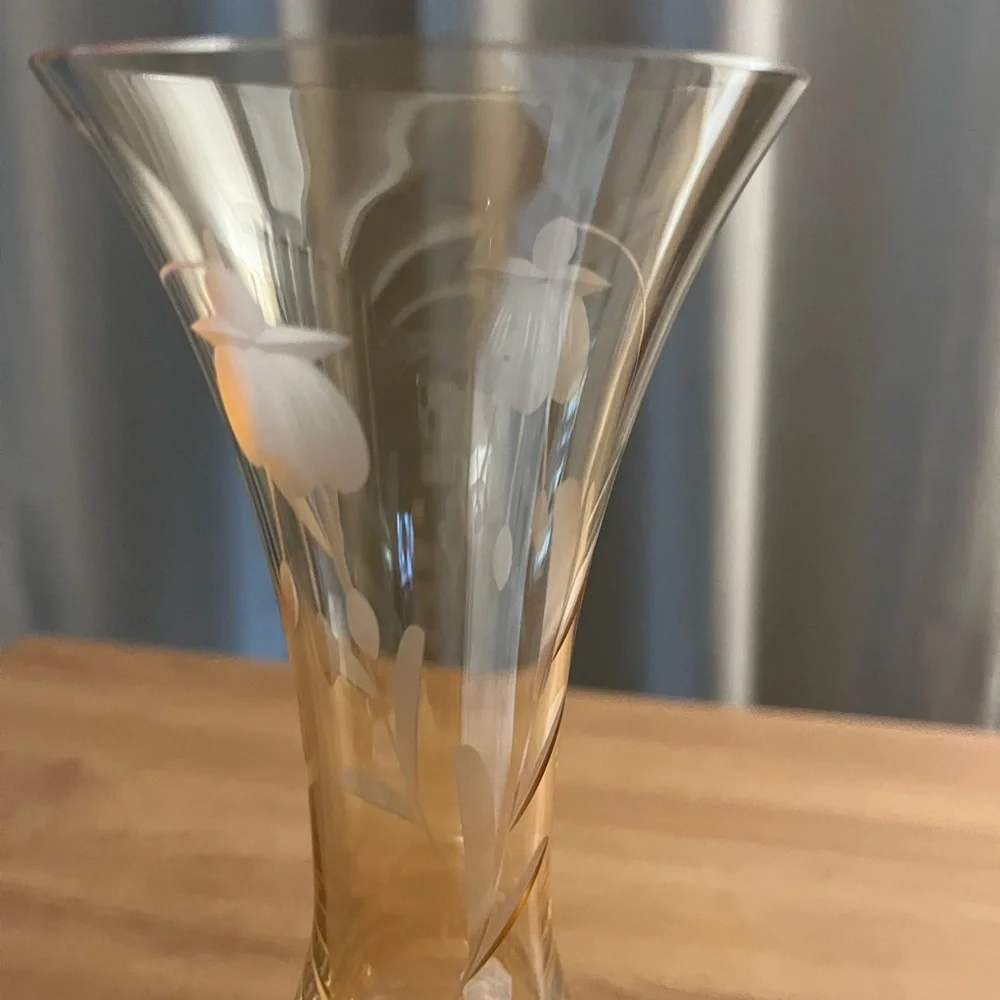 Vintage AMBER GLASS VASE Mid Century Sanyl Etched Amber Glass